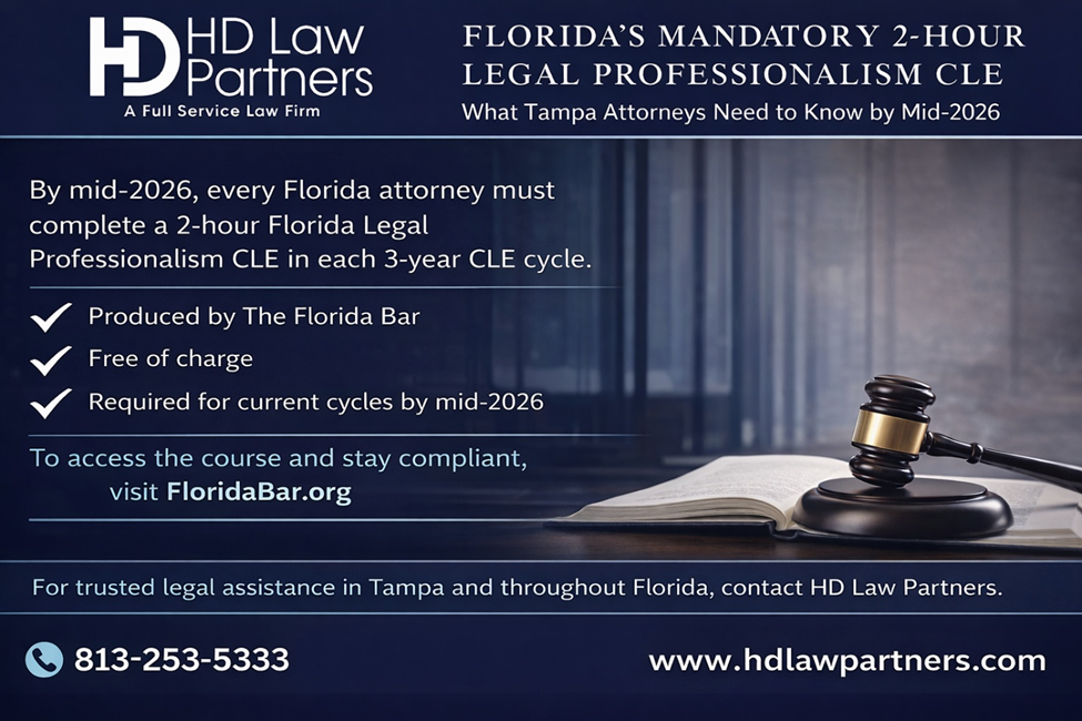 Florida Legal Professionalism CLE graphic for Tampa attorneys outlining the mandatory 2-hour Florida Bar requirement due by mid-2026, presented by HD Law Partners.